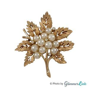 Vintage 60s Crown Trifari Gold Tone Leaves Branch Faux Pearl Rhinestones Brooch